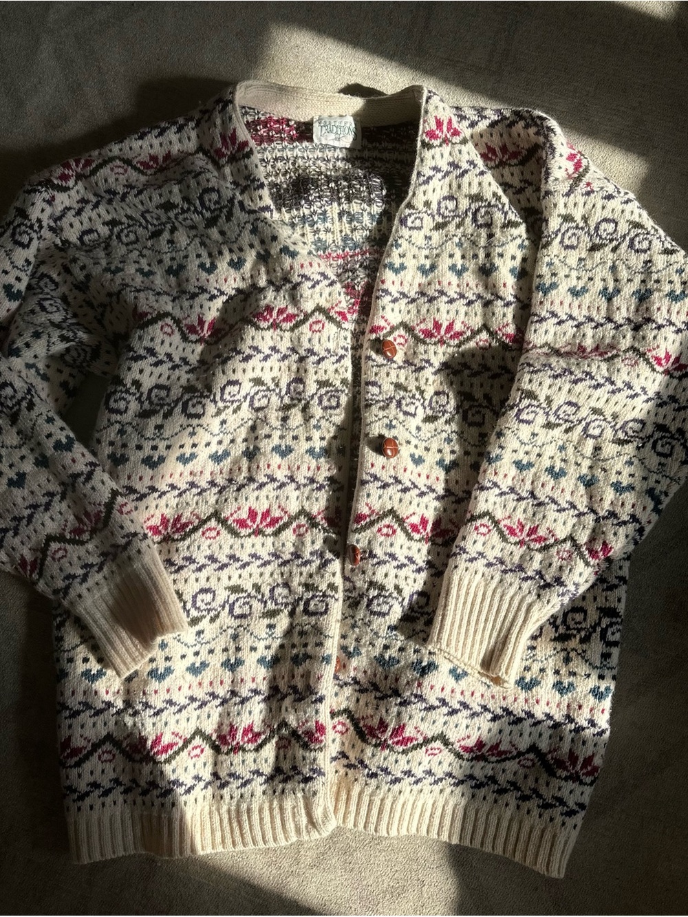 Vintage Cream Fair Isle Button-Front Cardigan Sweater